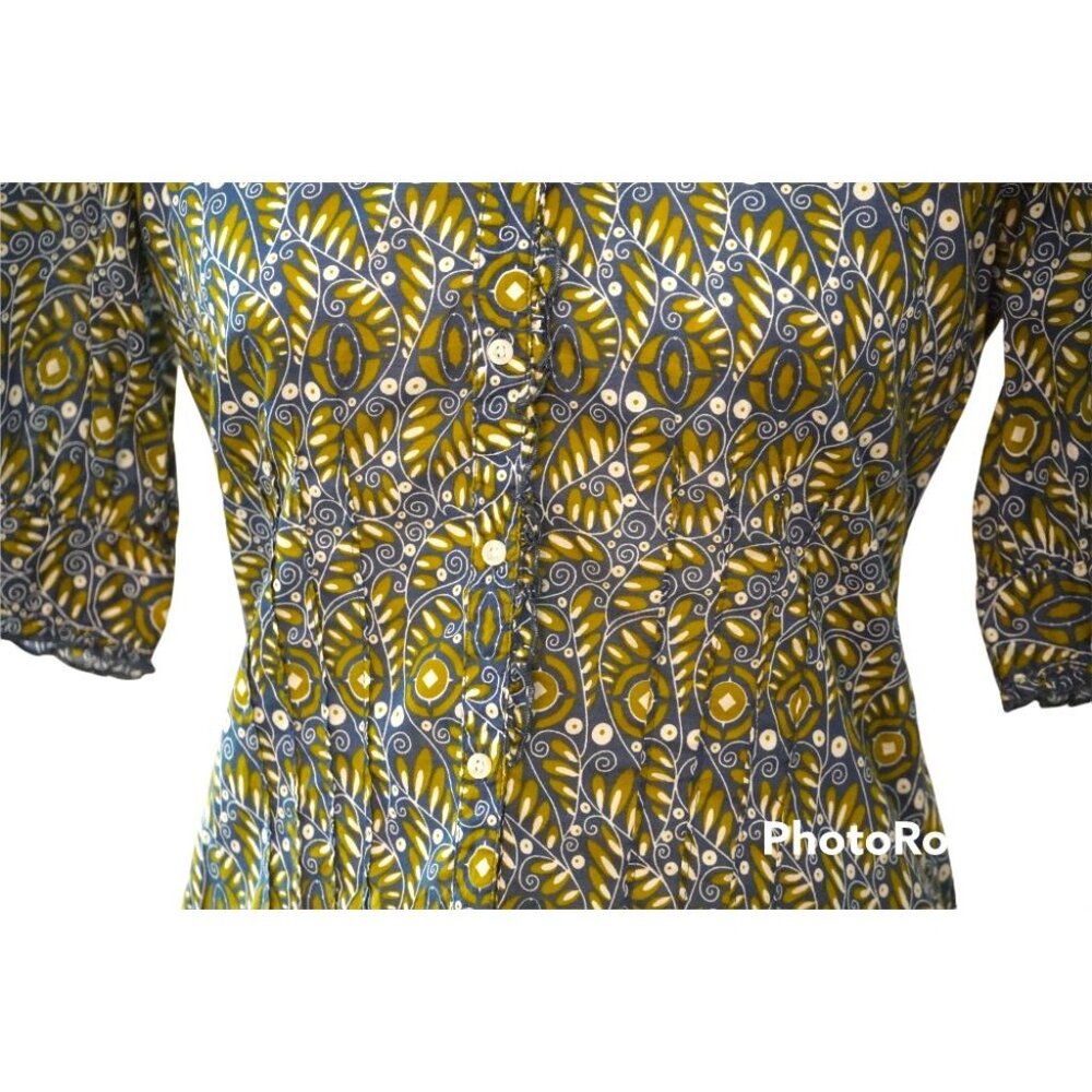 Banana Republic Boho Leaf Batik Blouse Sz Small Mandarin Collar Puff Sleaves Cot - Picture 3 of 11